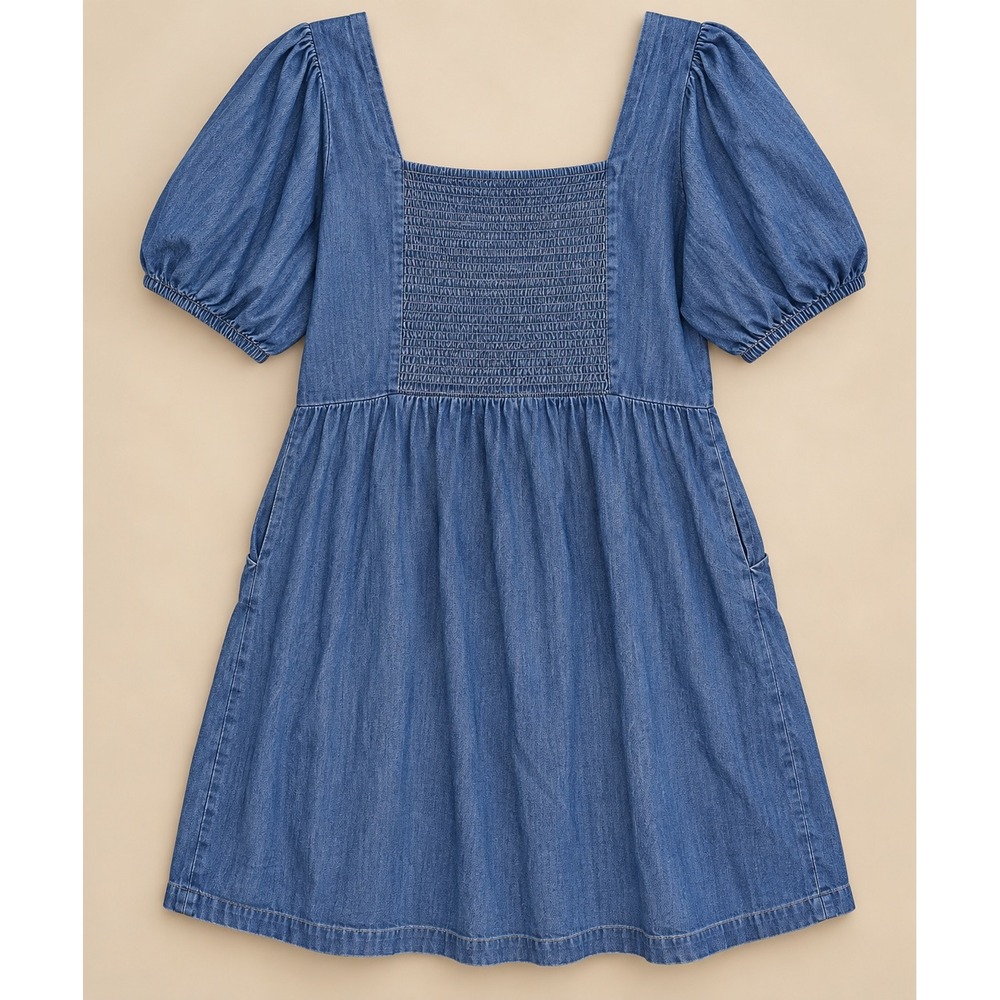 Old Navy Denim Mini Chambray Dress XL Square Neck Puff Sleeve Button Front BoHo - Picture 3 of 7